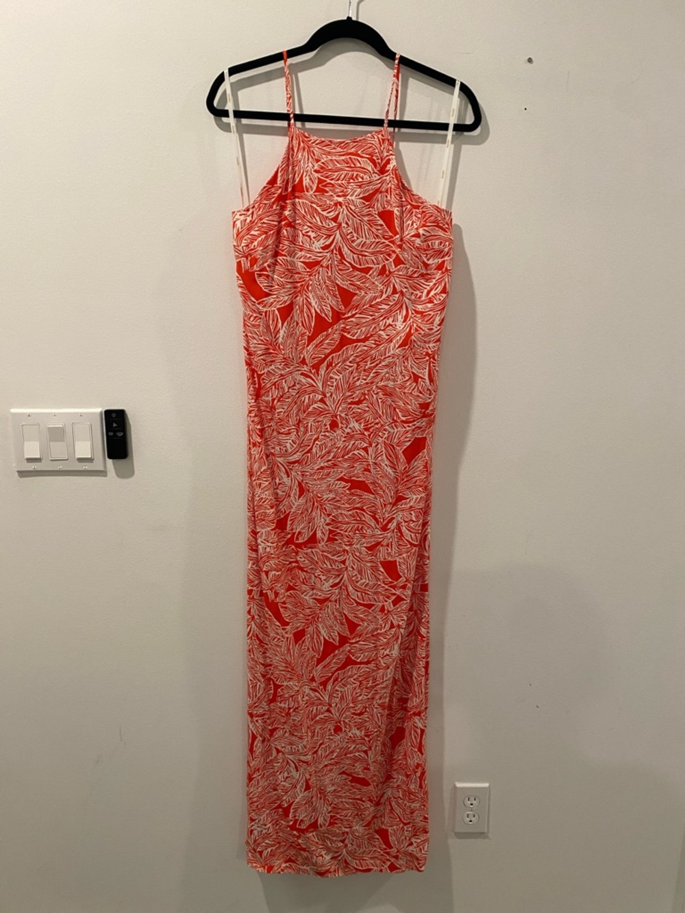 Red Leaf-Print Maxi Dress with Spaghetti Straps
